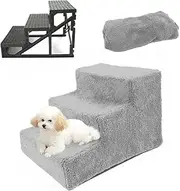 Pet Stairs 3 Steps Portable Cat Dog Ladder w/Cover Step Ramp Climb for Pup Play (Grey)