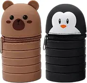 2PCS Standing Pencil Case, Penguin and Bear Telescopic Standing Pencil Case with Zipper Closure, Cute Extendable Silicone Standing Pencil Case for Kids Students Standing Pencil Case