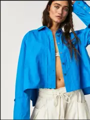 NWT We The Free Remade Poplin Button Up Crop Shirt Blue Sz S