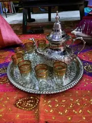 Moroccan Handmade Silver Tea Set Tea Pot,Tea Tray,Set Of 6 Tea Cups Large NEW