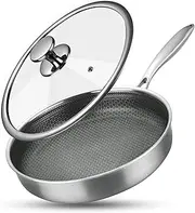 [HODRME] Stainless Steel Semi Nonstick Frying Pan with Lid -12 Inch Honeycomb Tri-ply Coating Anti Scratch Die Casting Skillet for Gas Electric Induction Ceramic Stoves and Oven