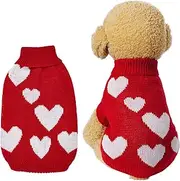 Topbuti Knitted Dog Sweater Heart Puppy Sweater Winter Warm Pullover Turtleneck Knitwear Pet Holiday Clothes for Small Dogs and Cats (Red, Medium)