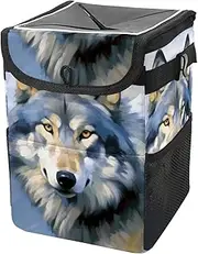 Car Trash Can with Lid and Storage Pockets Leak-Proof Organizer,Multipurpose Trash Bin for Car,Animals Oil Painting Wolf