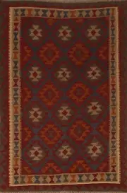 Blue Geometric Kilim Rugs Wool Traditional Kelim Carpets 5x7 ft