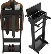 Organizedlife Suit Valet Stand with Top Tray, Wooden Valet Stand with Storage Compartment, Garment Rack Clothes Stand, Freestanding Portable Coat Stand for Entryway,Office, Black