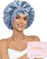 Ufgin 100% Mulberry Silk Bonnet for Sleeping Women Double Layer Silk Hair Bonnet Natural Silk Sleep Cap with Elastic Reversible Hair Wrap, Haze Blue + Sky Blue