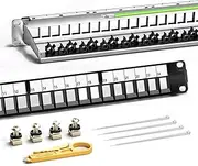 AMPCOM 24-Port 1U STP/UTP Blank Keystone Patch Panel, 19 inch Rack Wall Mount with Rear Cable Management Panel, RJ45 Ethernet, USB, HDMI, CAT5/CAT5E/CAT6/CAT7