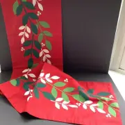 72” Long Red Table Runner with Leaves & White Embroidery Christmas or Everyday
