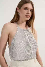 Tall Embellished Geo Halter Woven Top