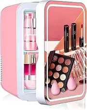 8L Mini Fridge Makeup Mirror Skincare Fridge Portable Refrigerator Electric Reefer With 3 Gear LED Light Food Heater & Beverage Cooler For Home, Office, Car, Dorm AC+DC Power Compatibility(Pink)