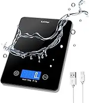 Digital Kitchen Scale, Food Scale 15kg/33lb Large Capacity, High Accuracy1g/0.1oz, USB Rechargeable, Tare Function, Auto-Off, 6 Units, Waterproof, Easy-Clean Glass Platform for Cooking, Baking, Coffee