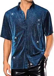 Glitter Sheer Shirt for Men's Shiny Mesh Short Sleeve Top Party Metallic Shirts