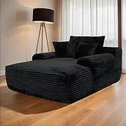 POEM PANDA 67''x49'' Oversized Chaise Lounge Chair Indoor, Comfy Sofa Bed Couch for Bedroom, Compressed Boneless Couches for Living Room, Plush Corduroy Sleeper Sofas, No Assembly Required(Black)