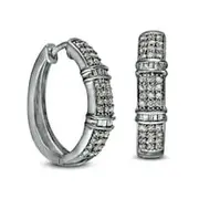 1 CT. T.W. Baguette and Round Diamond Triple Line Hoop Earrings in Sterling Silver