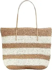 [SHESRA] Bohemian Straw Bag,Tote Handmade Hand-woven Women Handbags for Retro Summer Vacation Beach Travel Daily Matching Bag 99, Khaki, Large