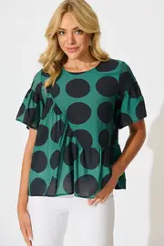 Girona Top Short Sleeve in Green Emerald with Black Spot Cotton Blend 8