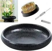 Eggone Japanese Ikebana Vase Kit, Flower Shallow Container Ceramics Ikebana Vase with 4cm Flower Frog and Floral Frog Floristry Kenzan Needle Straightening Tool (Frosted Bowl A with Spots)