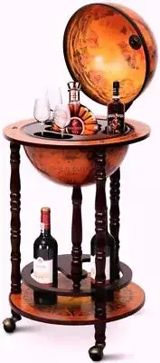 17" Wood Globe Wine Bar Stand Liquor Rack Bottle Shelf Art RetroStyle Home Decor