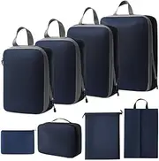 [Monehet] Compression Packing Cubes for Suitcase, Travel Bags Organizer for Luggage with Shoe Bag, Expandable and Premium Storage - Essential for Travel,Lightweight for Travel Accessories (8PCS-Dark Blue)