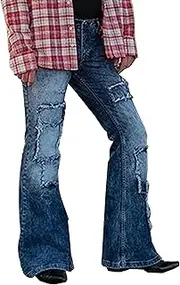 [SWJGLITTR] Men's Bell Bottom Patched Jeans Retro 60s 70s Regular Jean Pants Patchwork Vintage Denim Pants