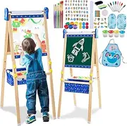 Art Easel for Kids Easels for Toddlers, Double-Sided Adjustable Magnetic Chalkboard Whiteboard, Wooden Painting Easel with Paper Roll, Foldable Standing Drawing Easel for Toddlers Boys Girls Ages 3-12