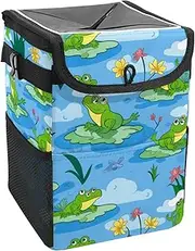 Car Trash Can with Lid and Storage Pockets Leak-Proof Organizer,Waterproof Garbage Can,Frog and Lotus