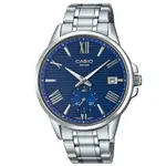 【CASIO】內斂條紋設計精緻羅馬時刻不鏽鋼錶-藍面(MTP-EX100D-2A)