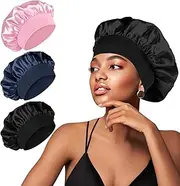 3 Pcs Hair Bonnets for Sleeping, Wide Elastic Band Silk Bonnet Shower Cap Satin Bonnet for Women Girls Makeup Hair Care Elastic Hat Soft Sleep Cap for Night Sleep Curly Hair Protection