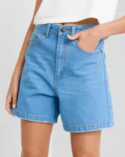 [Rhythm] Rhythm Women's Escape Denim Shorts in Washed Blue Bleach Denim Size 6 6 Washed Blue Bleach Denim