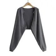 Plain Ribbed Open Front Cardigan Gray - One Size