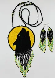 Handmade beaded fringe Wolf design pendant necklace earrings set