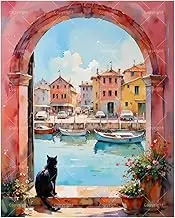 Cityscape Paint by Numbers Kit for Adults - DIY Cat by the Canal in Colorful Town Painting on Canvas 16x20 Inches, Acrylic Paint Set, Suitable for Beginners, Art for Home Decoration or Gifts