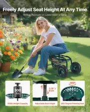 Outdoor Rolling Garden Cart with Swivel Seat All-Terrain Wheels Tool Tray 300lbs