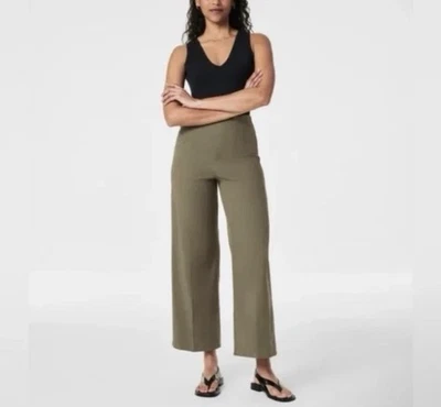 spanx wide leg pants S Olive stretch twill cropped Preppy Career Office Travel