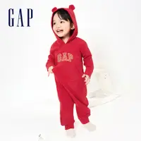 在飛比找蝦皮商城優惠-Gap 嬰兒裝 Logo熊耳造型連帽長袖包屁衣/連身衣 碳素