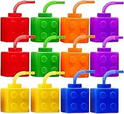 8HREST Building Blocks Cups 12 oz Reusable Brick Party Kids Cup Plastic Party Cups with Lids and Straws for Block Birthday Party Supplies Favors 12 PCS