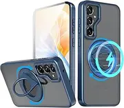 [RUNGOS] 360°Rotatable Ring for Samsung S24 Case Magsafe with Stand (Strong Magnetic) [Military-grade Drop Protection] 10X Shockproof Translucent Case Ring Holder for Samsung Galaxy S24 6.2'' 2024, Blue