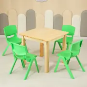 60CM Square Wooden Kids Table and 4 Green Chairs Childrens Desk Pinewood Natural