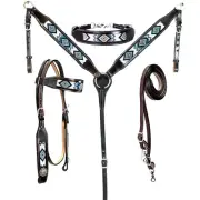 western Leather Equestrian Tooled Beaded Headstall,Breast Collar & Reins. (H062)
