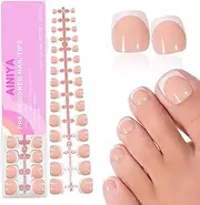 Toe Nail Tips Press on, French White Fake Toenail Tips Press Ons Square Pre-applied Tip Primer & Base Coat, Full Cover Matte False Nails for DIY x 15 Sizes 240 Pcs