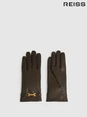 Reiss Chocolate Harriet Leather Hardware-Embellished Gloves (E84669) | $155