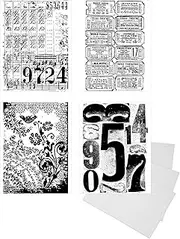 Stamps - Ledger Script, Flower, Ticket, Number Themed Cling Rubber Stamp Set - for Mixed Media Stamping, Junk Journal, Card Making, Scrapbooking - with 3 White Cardstock