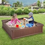 HONEY JOY Kids Outdoor Sandbox, 123.5 x 123.5 x 31.5 cm Large HDPE Sandpit w/Waterproof Oxford Cover, Ground Liner, 4 Corner Seats, Easy Assembly, Children’s Play Toy for Backyard, Beach, Lawn