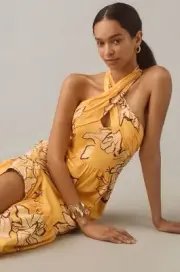 Anthropologie Hutch Maxi Dress Stretch Alter Yellow Floral Boho Vacay Sz 8 NWT