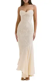 HOUSE OF CB Felicia Lace Inset Mermaid Gown in Macademia at Nordstrom, Size X-Large D