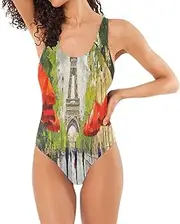 [Joisal] Peacock Feathers Green Women Swimsuits Low Back One Piece Swimsuit Women Tummy Control with Bra, Paris Eiffel Tower, Medium