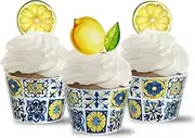 Blue Tile and Lemons Cupcake Wrappers,Mediterranean Tiles,24 Lemon Cupcake Toppers +Cupcake Wrappers