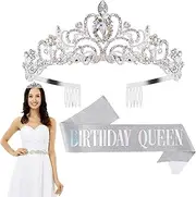 [HieoAnir] Birthday Sash and Tiara - Birthday Girl Sash Set,Rhinestones Crown and Sash Set for Women with Comb Design Cozy Hair Supplies