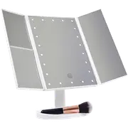 TOOLKISS Makeup Mirror with LED Light – Standing Mirror with Magnifying Tri-Fold Touch, 22 Adjustable LEDs, 180° Swivel, Detachable Tray, USB/Battery Powered for Vanity & Bathroom
