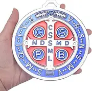 YionZian 5 Inch Extra Large Metal Saint Benedict Medal Catholic Medalla De San Benito For Car Protection and Home Blessing Art Wall or Desk Display (Silver Blue Enamel)